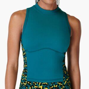 SWEATY BETTY Power Zip Back Workout Crop Tank In Blue Pixel Leopard Print